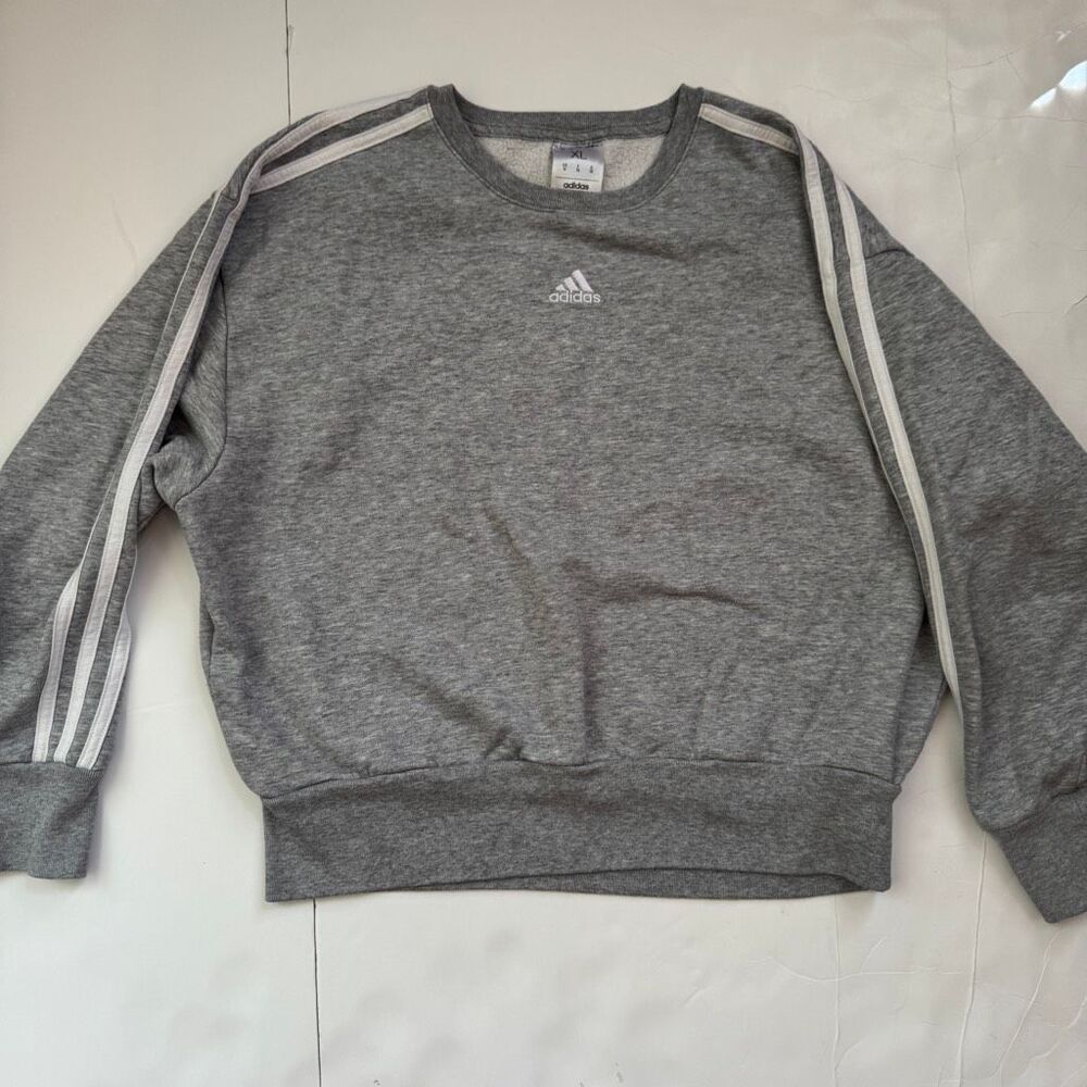 Adidas Women’s Stripes Loose Fit Crewneck Pullover Sweatshirt Gray XL